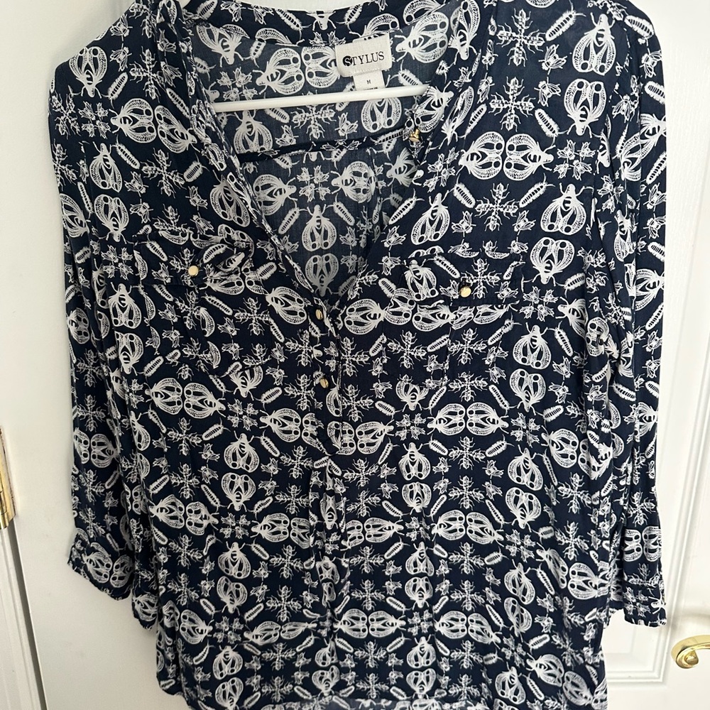 STYLUS Dark Blue and White Patterned Blouse